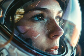 Portrait of a female astronaut gazing in wonder and determination, her reflection visible in the visor of her helmet, during her bold space expedition