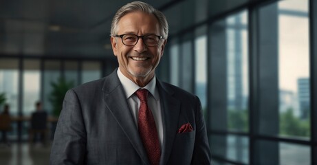 Fototapeta premium High-detail portrait of successful senior businessman consultant smiling at camera inside modern office building