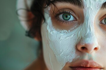 Close-up shot of a young woman with a fresh white facial mask, highlighting her vibrant green eyes and the details of the skincare treatment on her face