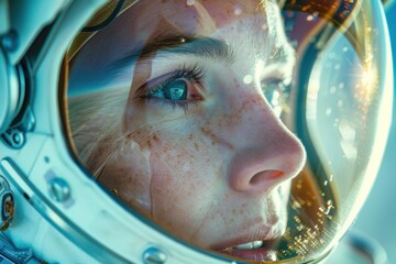 Stunning close-up of a female astronaut's face in a space helmet, exuding contemplation with the earth's reflection in her visor enhancing the depth of her exploratory mission
