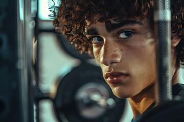 Portrait of a determined young athlete with curly hair, intensely gearing up for a workout in a well-equipped gym, displaying focus and commitment to fitness