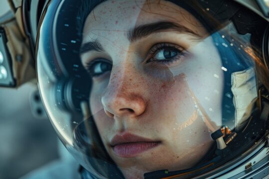 Close-up of a woman astronaut's face peering through a helmet visor, exuding determination and curiosity, capturing the essence of space exploration and human ambition