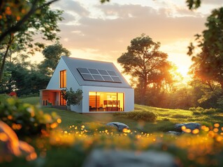A house with a solar panel on the roof is shown in a field with trees and grass. The house is surrounded by a beautiful natural landscape, and the sun is setting in the background, creating a warm - Powered by Adobe