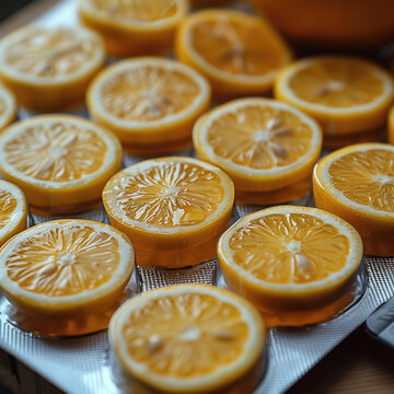 Rodajas de lim&oacute;n a modo de pastillas concentradas, para aliviar la tos seca, efervescentes, solubles en agua, medios limones cortados, amarillos, las dosis en un blister. Dise&ntilde;o conceptual