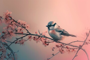 Bird branch digital art. Wonderful and multicolored small animal with wings. Generate AI