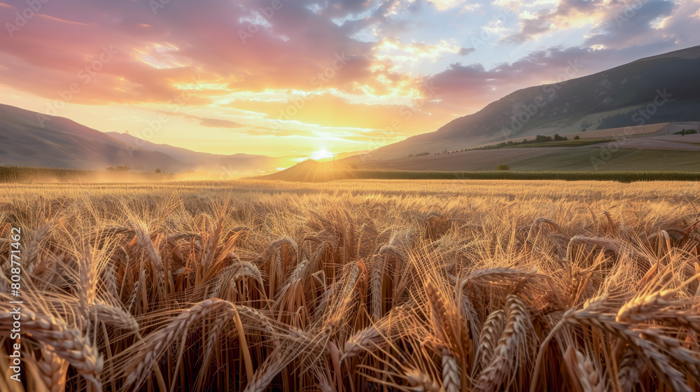 Wall mural Wheat field at sunset, agricultural fields with tractor, Harvester machine working at wheat field.