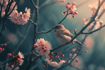 Small bird on tree branch with flowers. Colorful bird sitting on twig with pink blossom. Generate ai