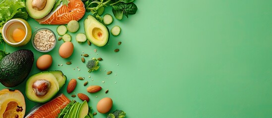 Assortment of fruits and vegetables featured in a green background