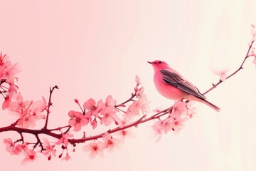 Bird branch flower pink. Natural wild. Generate Ai