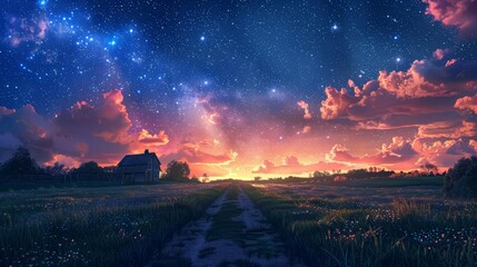 Illustrate a breathtaking frontal view of a serene countryside nestled under a vibrant night sky time-lapse Envision lush fields
