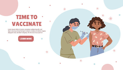 Vector illustration of a healthcare worker vaccinating a woman, with Time to Vaccinate message, on a decorative background, conveying health awareness. Vector illustration