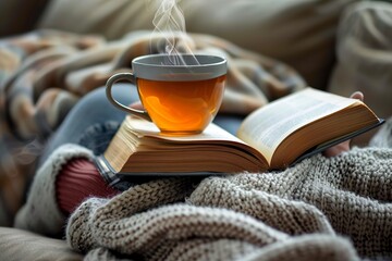Coffee Cup and Book on Blanket
