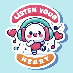 An adorable cartoon character with headphones surrounded by music icons on a blue background, portraying the concept of enjoying music. Vector illustration