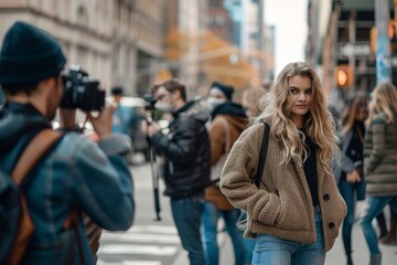 Fototapeta premium woman standing on a city street, capturing a image with a camera