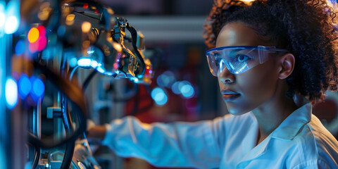 Afro-American female chemical scientist in protective white suit and safety glasses synthesizing...