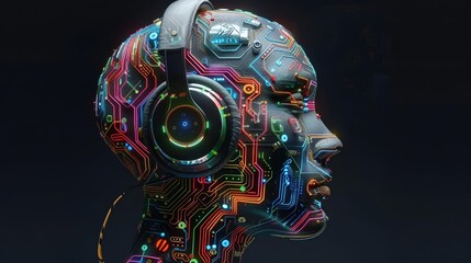 A digital artwork of an AI robot head with colorful circuit patterns