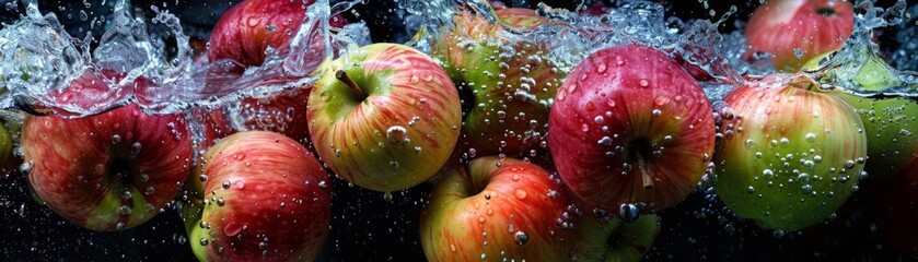 A group of apples are dunked into water, creating a beautiful and refreshing image. The water droplets are suspended in mid-air, capturing the moment of impact.