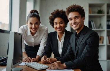 Group of happy multiethnic business people in formal wear gathered around computer in office