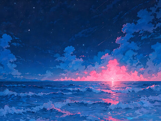 Serene sunset over the ocean. A breathtaking anime-style illustration of a serene sunset over the vast ocean