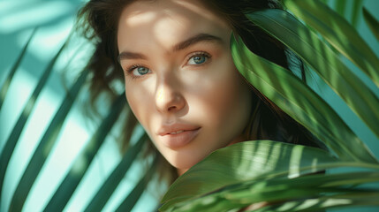 Naklejka premium Portrait of a young woman with a glowing complexion nestled among lush green leaves