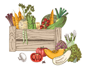 Fresh vegetables mix in a wooden crate and next to it.