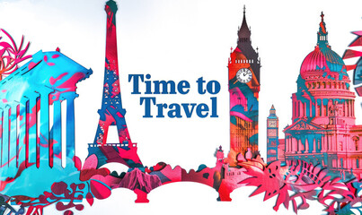Bright style cut out architectural landmarks with the inscription Time to Travel, white background