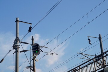 Railway traffic lights. Japan railway crossing and blue sky. Railway traffic lights, green color,...