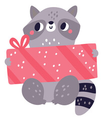 Raccoon hold gift box. Birthday card character