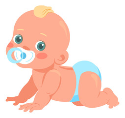 Baby with pacifier crawling. Cartoon child character. Toddler mascot