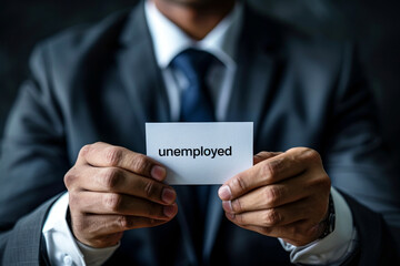 A man in a business suit hold card with sign "Unemployed". AI generative