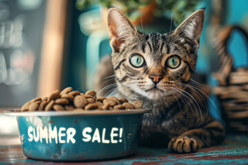 Bowl of cat food, "Spring Sale"  text with kitten on background. Sale concept for petshop. AI generative