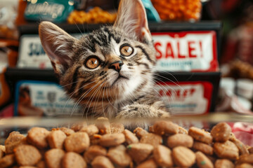cat food,  with kitten on background. Sale concept for petshop. AI generative