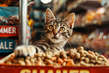 cat food, with kitten on background. Sale concept for petshop. AI generative