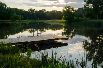 Wooden dock on a calm lake during sunset with reflections of trees