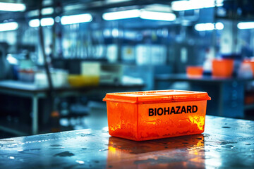 Orange container with medical waste and biohazard warning sign in laboratory. AI generative