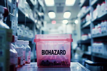 Container with medical waste and biohazard warning sign in laboratory. AI generative