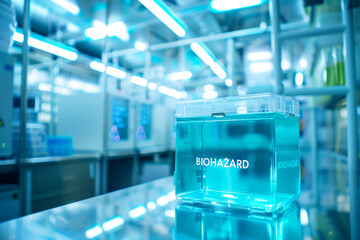 Blue container with medical waste and biohazard warning sign in laboratory. AI generative