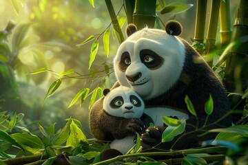 Bamboo feast: panda love in the wild on a fuzzy jungle background 