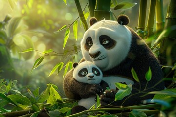 Obraz premium Bamboo feast: panda love in the wild on a fuzzy jungle background 