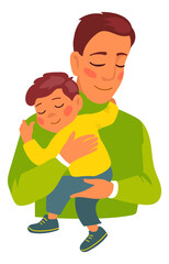 Hugging father and son. Parent love. Family relationship