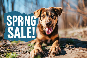 "Spring Sale"  text with dog on background. Sale concept for petshop. AI generative