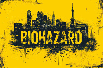 biohazard warning sign on yellow background, with City outlines on background, AI generative