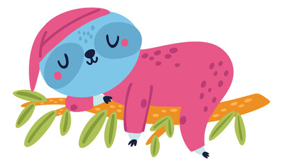 Sleeping sloth on tree branch. Cute animal character