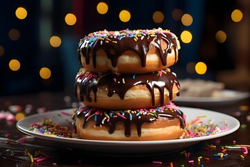 A plate of donuts with chocolate and vanilla frosting.
