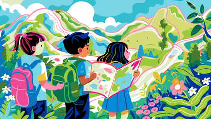 Adventurous Kids with Map Exploring Nature's Trails