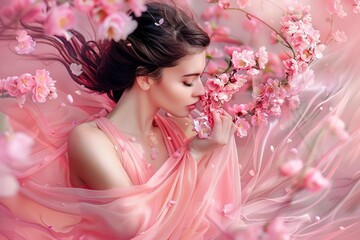 Woman in Pink Dress Sitting Among Pink Flowers