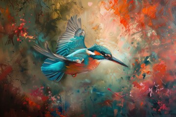 Colorful illustration of a kingfisher mid-flight against a dynamic, abstract backdrop