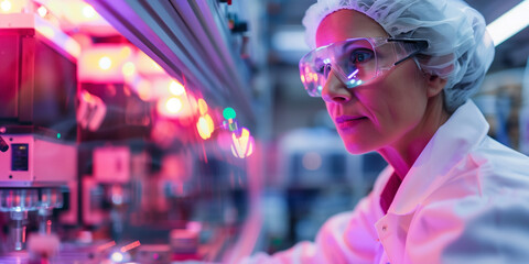 Senior woman ensuring industrial precision wearing protective glasses in a modern automated lab.