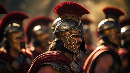 Greek hoplites in formation: Bronze armor gleams in sunlight for mythical battle - obrazy, fototapety, plakaty