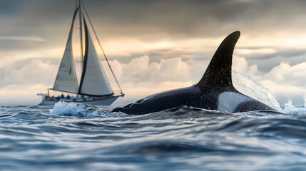 Killer whale or Orca whale breaking the surface with a sailboat in the background. Concept of Orca attacks on sailors. Shallow field of view.